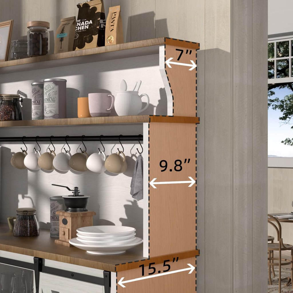55'' Farmhouse Coffee Bar Cabinet with 3 Tier Storage Hutch, Coffee Bar Station with Sliding Barn Door, Hutch Storage
