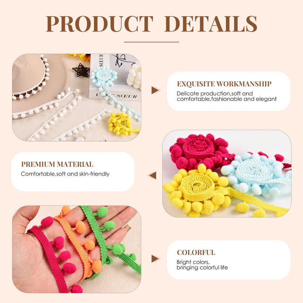 Pom Pom Trim - 12 Colors (2 Yards Per Color) 1 Inch Wide Pompom Tassel Edging for DIY Sewing Dress Hems - 24 Yards