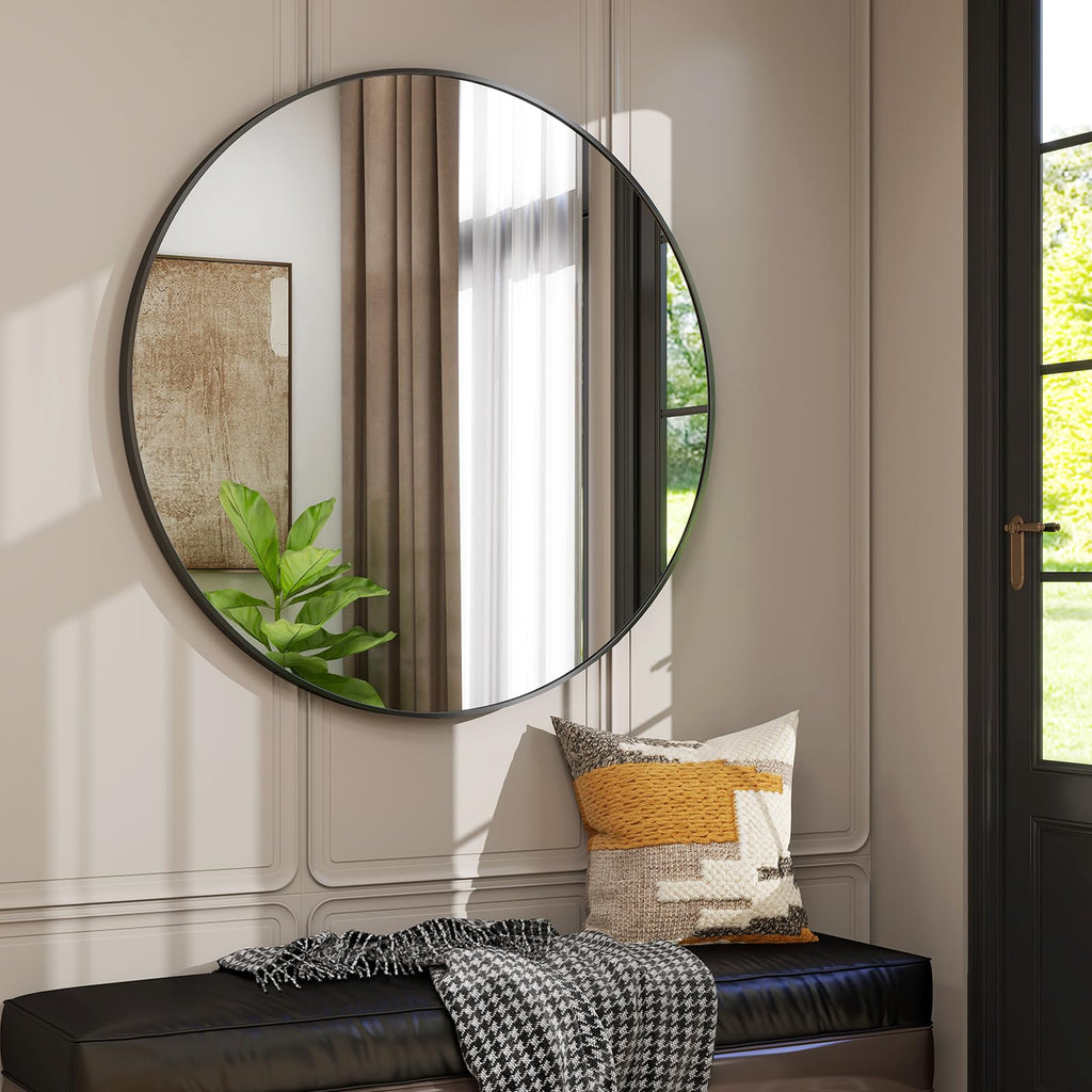36 Inch Round Bathroom Mirror - Black Wall Mounted Circle Mirror with Metal Frame, Modern Round Hanging Mirror