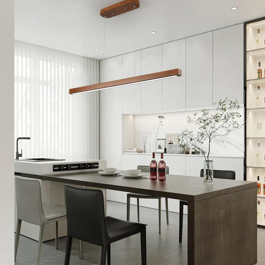 39 Inch Wood Linear Pendant Light Dimmable LED Kitchen Island Lighting with Remote Adjustable Hanging Chandelier Bar
