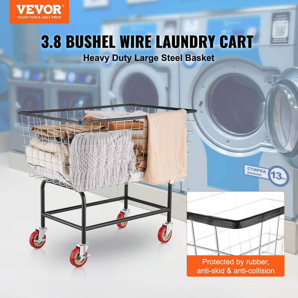 Wire Laundry Cart, 3.8Bushel Wire Laundry Basket with Wheels, 32.5''x21.3''x29.9'', Commercial Laundry Basket, Steel