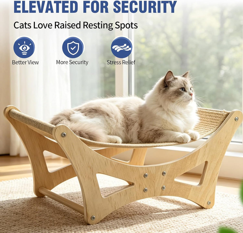 Cat Hammock Bed for Large Cats, Elevated Wooden Bed with Natural Sisal Scratching Mat, Cozy Lounge with Soft Cushion