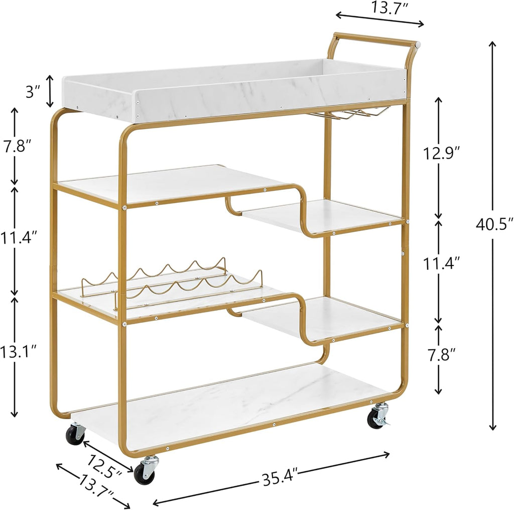 Gold Bar Cart with Wheels 6-Tier Rolling Serving Cart Vintage Wine Trolley with Glass Holder and Wine Rack Beverage