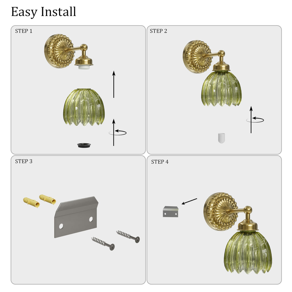 Battery Operated Wall Sconce, Vintage Wall Light, 2 Pack, Green Tulip Glass