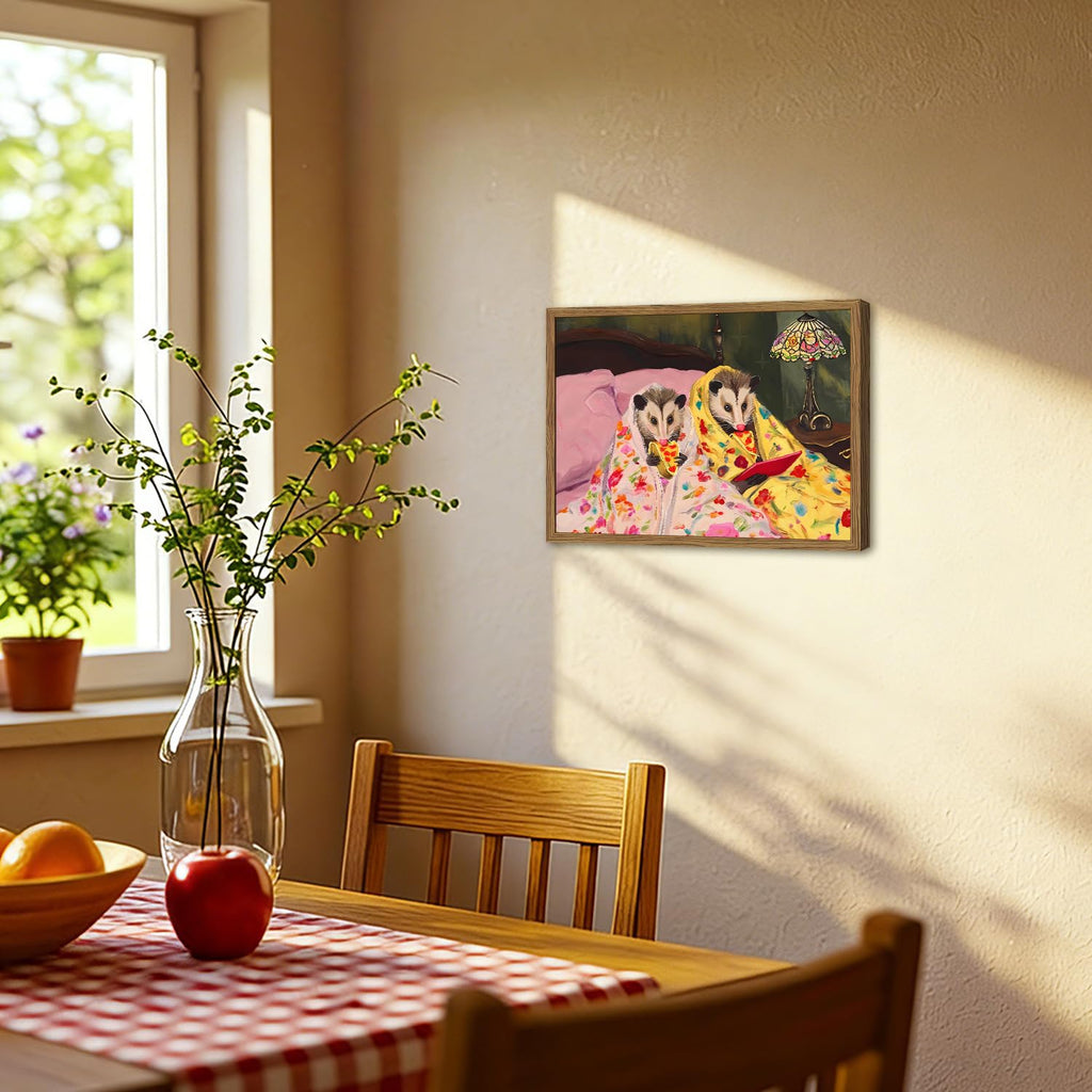 Funny Opossum Wall Art, Whimsical Animal Wall Decor Painting Cute Possum Eating Pizza in Bed Poster Canvas Prints