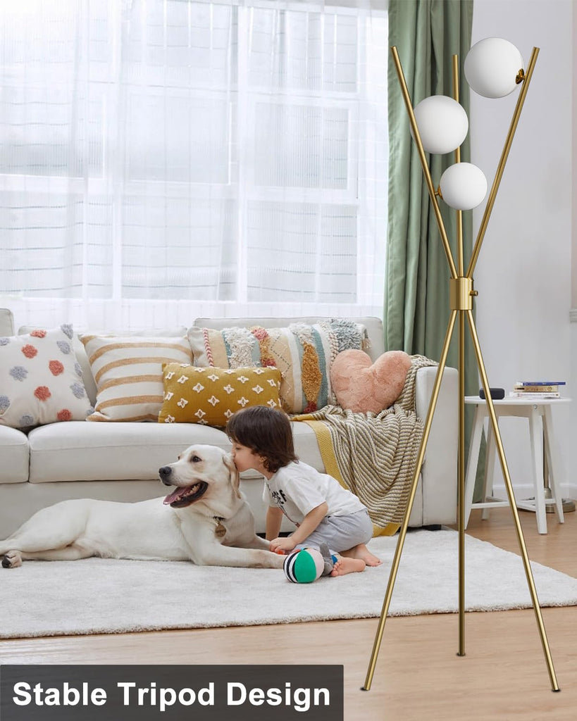 3 Globe Dimmable Tripod Floor Lamp, Mid Century Standing Lamps with 3Pcs 3000K Bulbs Included, Modern Tall Lamp