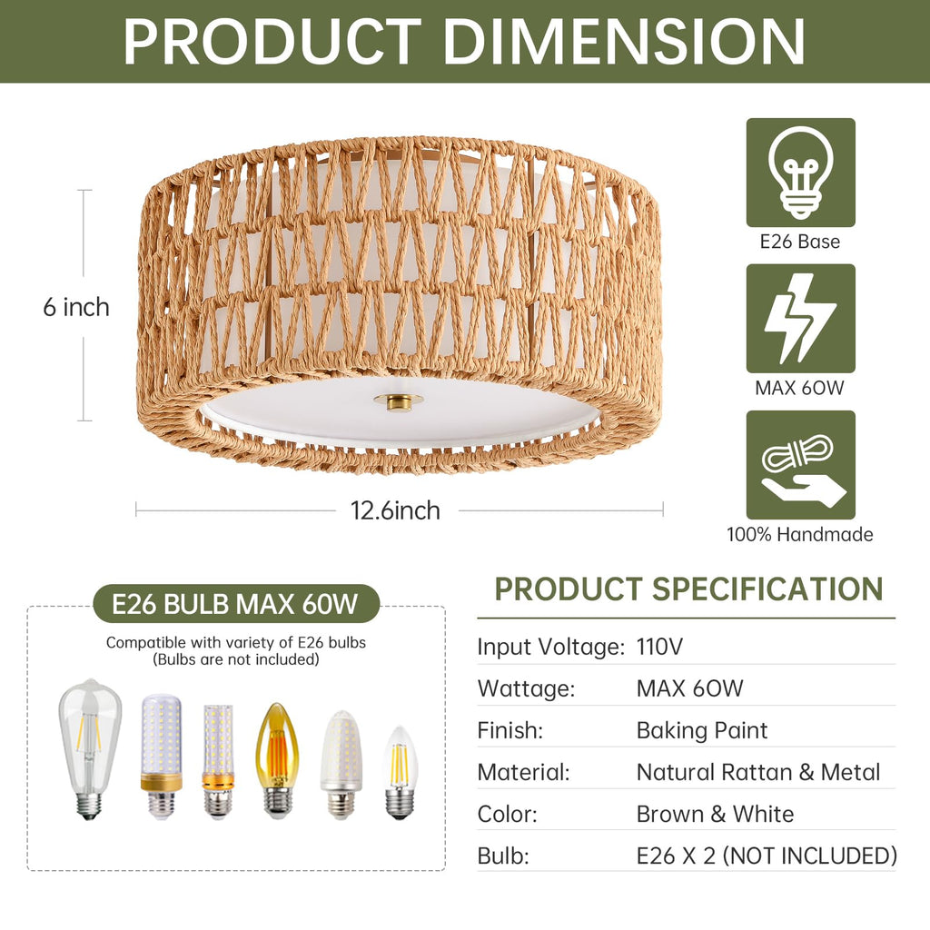 Rattan Ceiling Light 12.6" Boho Ceiling Light Fixture Bohemian