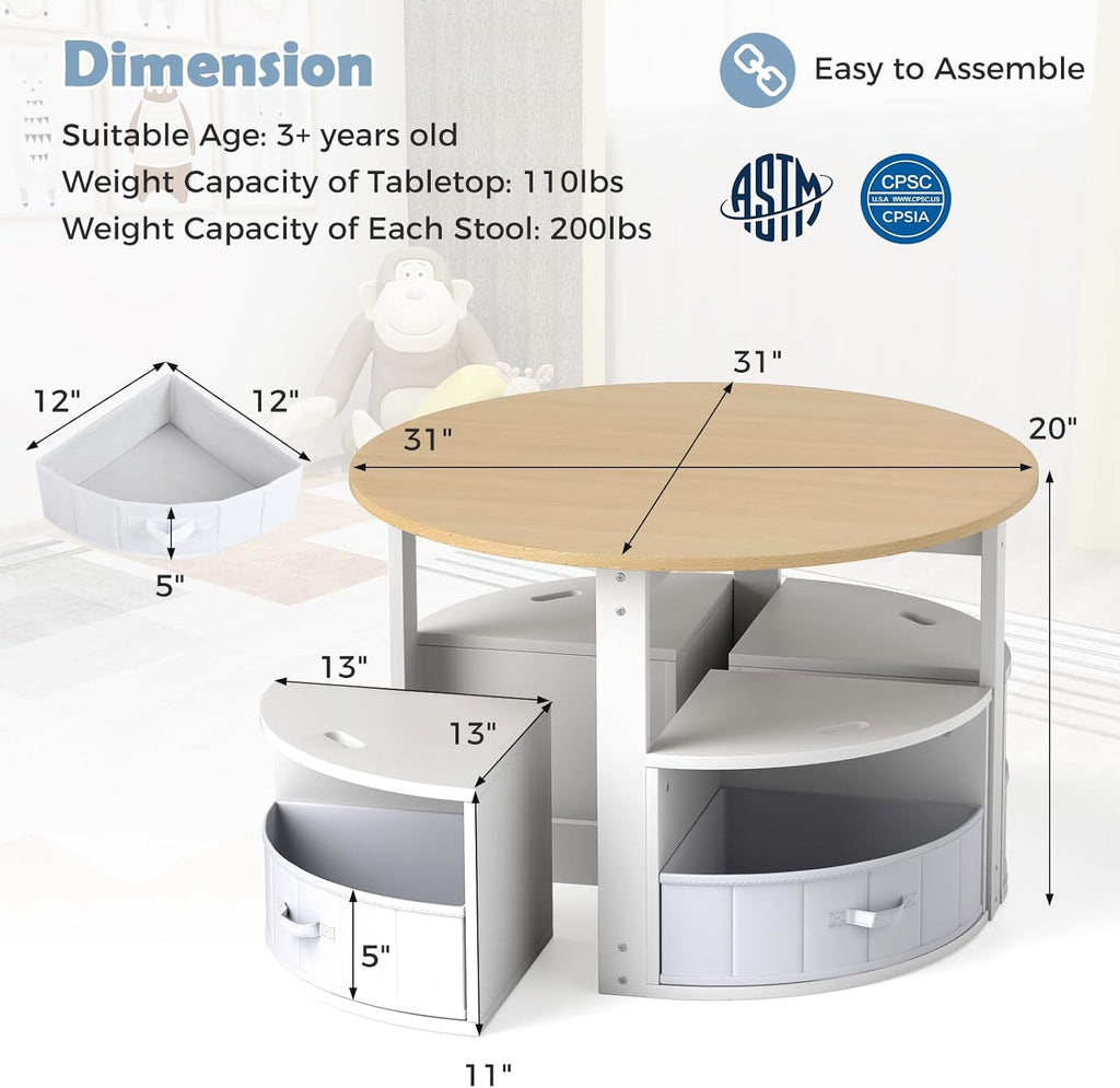 Kids Table & Chair Set, Wooden Activity Center with 4 Storage Stools, Round Nesting Desk for Art Craft Reading