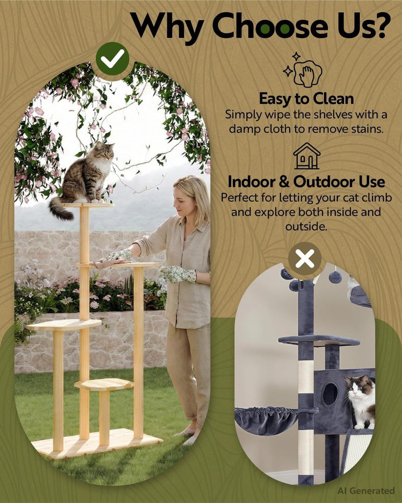 60" Tall Weatherproof Outdoor Cat Tree Tower, Solid Natural Wood