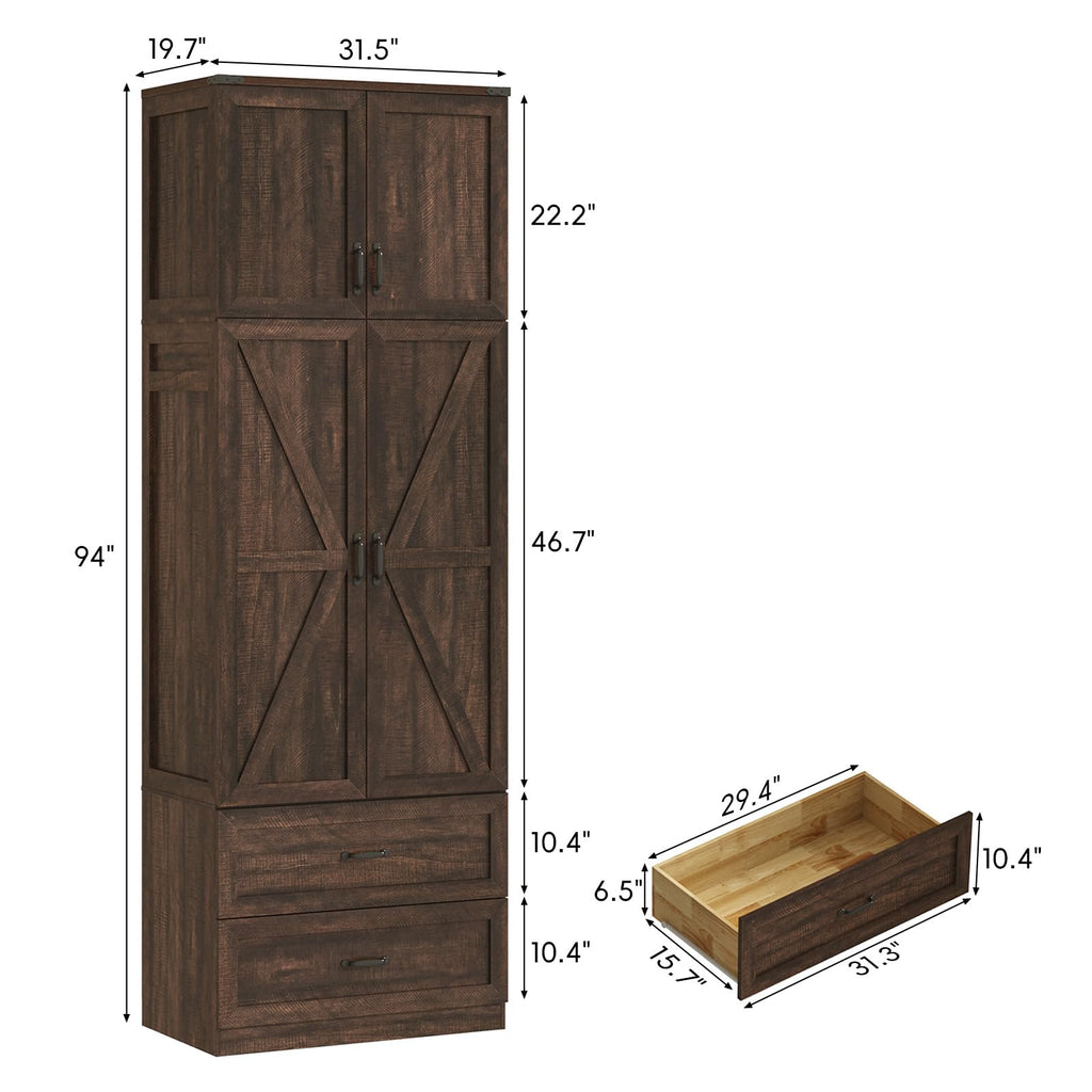 94" Tall Farmhouse Armoire Wardrobe Closet, 4 Doors & 2 Drawers, Brown