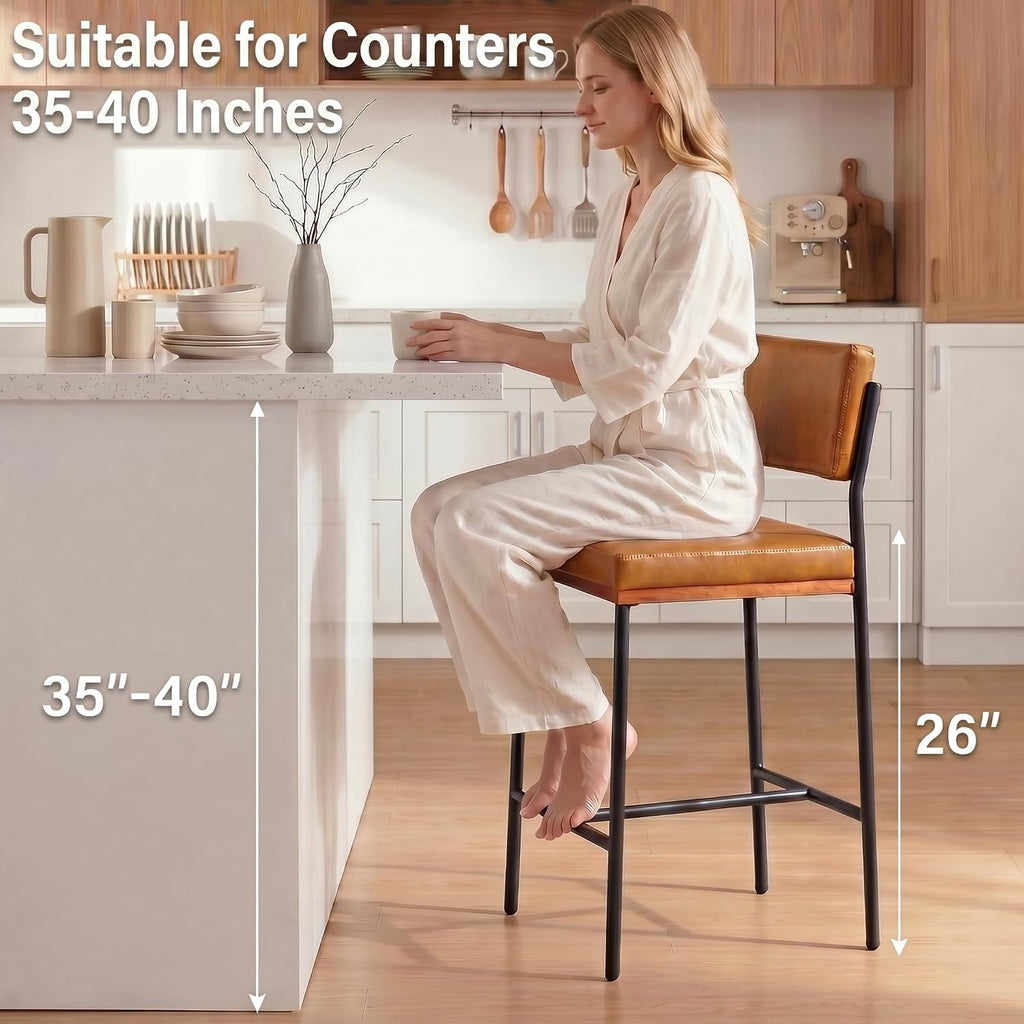Faux Leather Bar Stools Set of 2,26 Inch Modern Counter Height Bar Stools Island,Counter Stools with Wide Back Sturdy