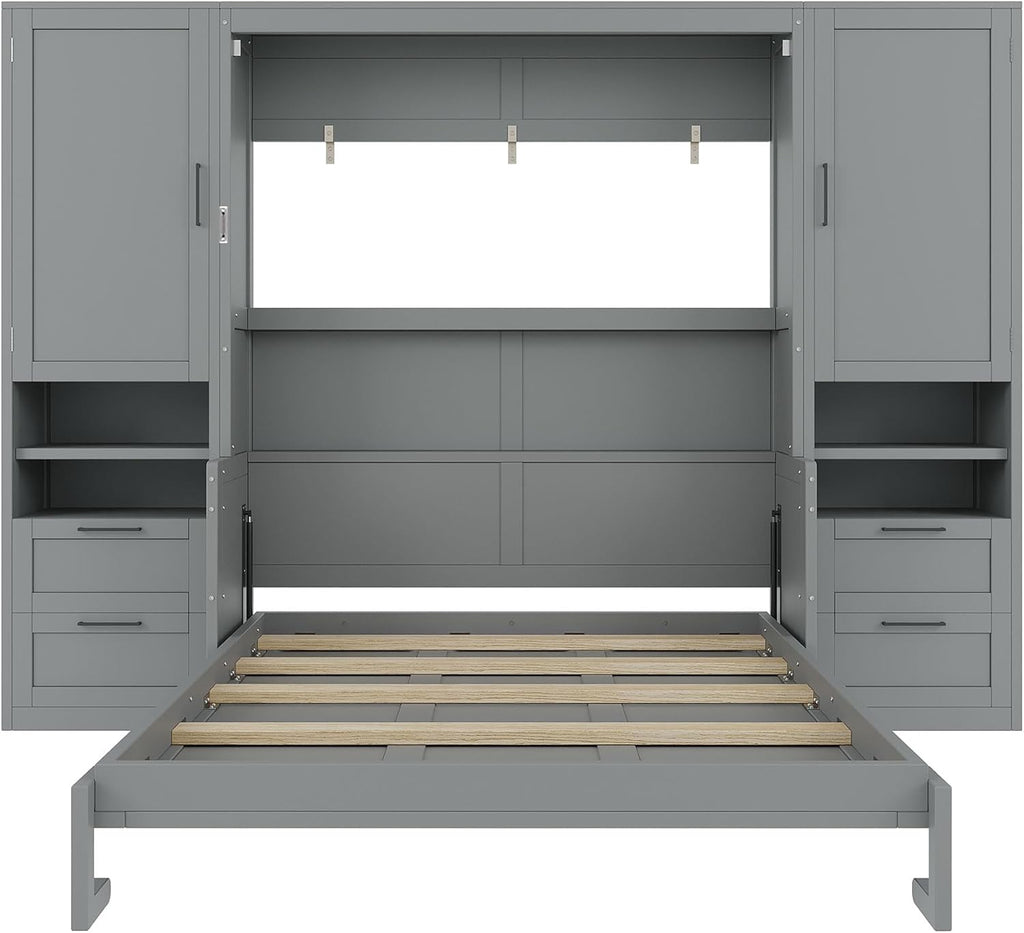 Queen Murphy Bed with Desk, Multifunctional Foldable Wall Bed with Closet, Drawers and Shelves, Space-Saving Wood
