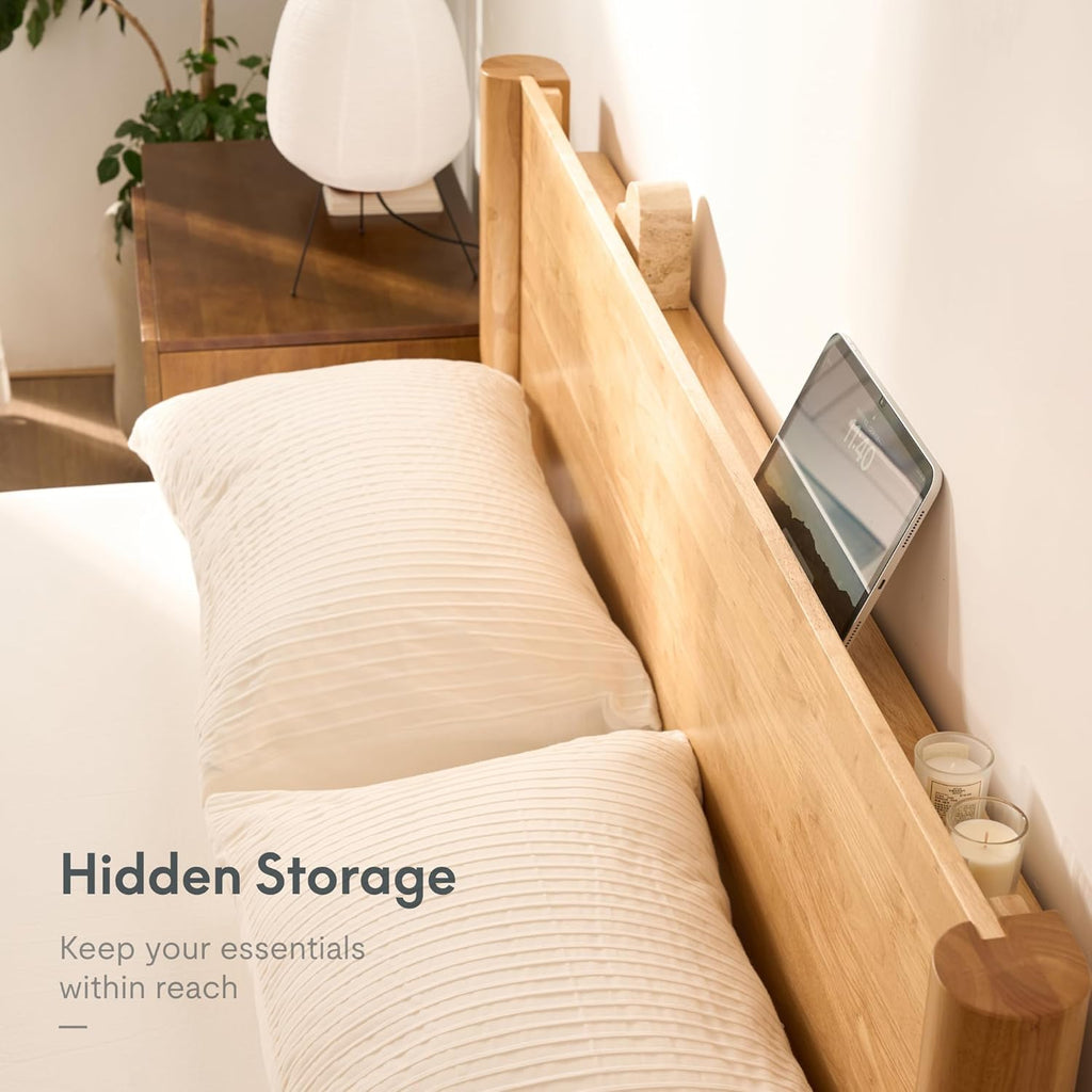 Hako G2 Japanese Joinery Bed Frame, Solid Rubberwood Queen Platform Bed with Storage Headboard, IAS&SGS Certified
