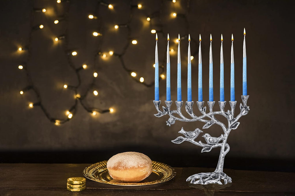 Tree of Life Menora for Chanuka - Fits All Standard Chanukah Candles - Artistic Candle Menorahs - Silver Hanukkah