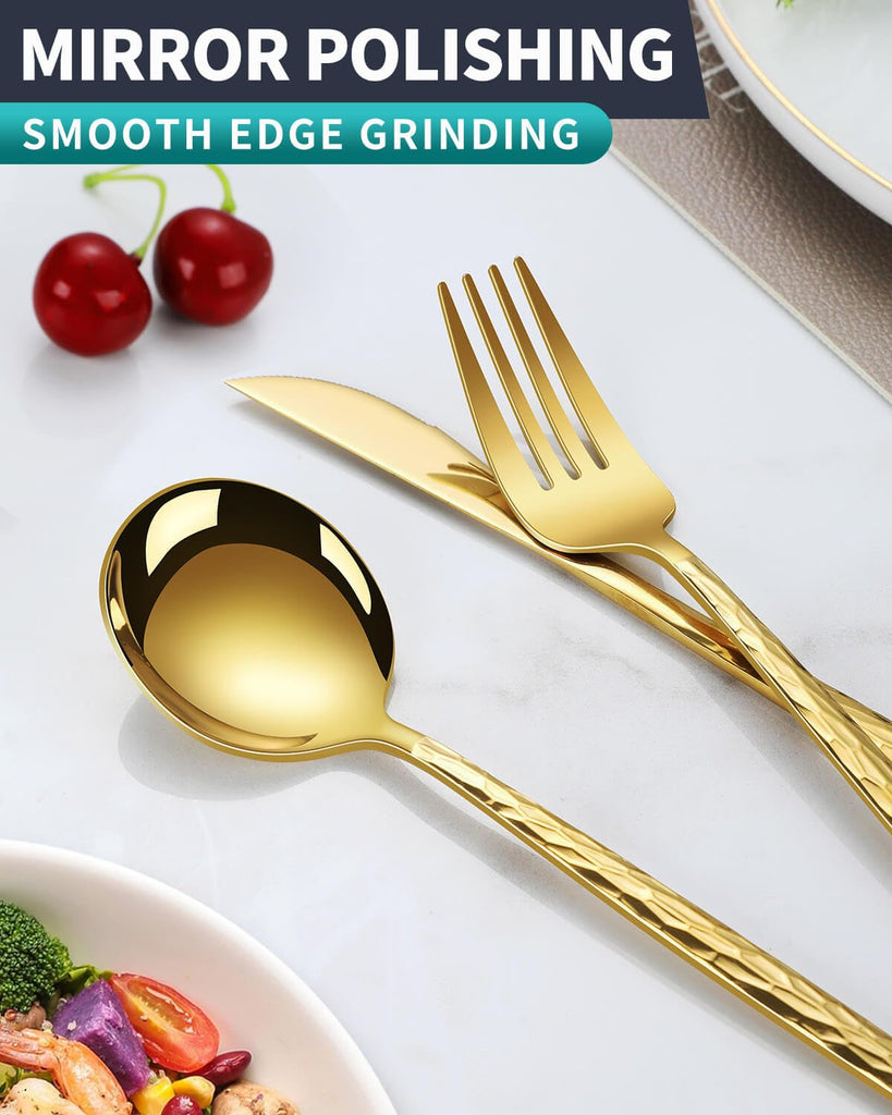 Hammered Gold Silverware Set,30 Piece Stainless Steel Flatware Set for 6,Modern Cutlery Set,Includes Spoon Fork