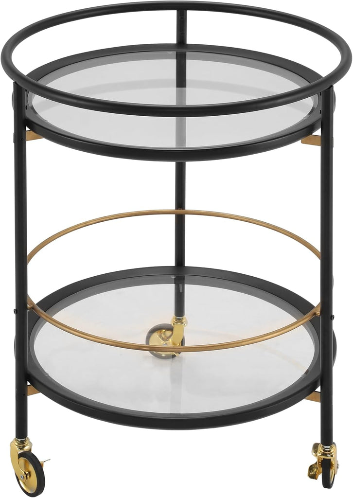 Modern Round Bar Cart with Dual Tempered Glass Shelves, Lockable Wheels and Gold Metal Accents, Rolling Beverage