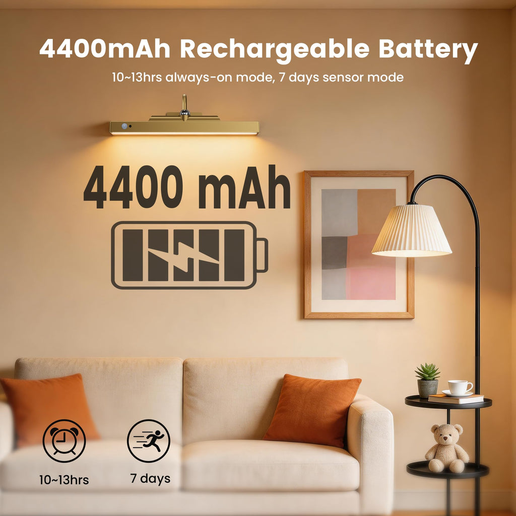 Rechargeable Motion Sensor Picture Light for Wall, 12 Inch, Brass, 2 Pack