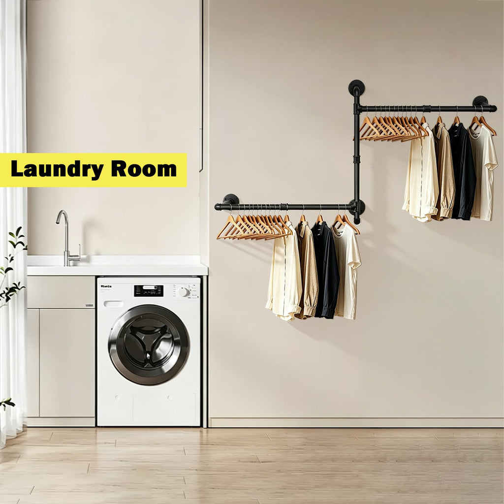 Industrial Pipe Clothes Rack, 50 In Heavy Duty Wall Mounted Garment Rack, DIY Rustic Iron Clothing Bar Closet Laundry
