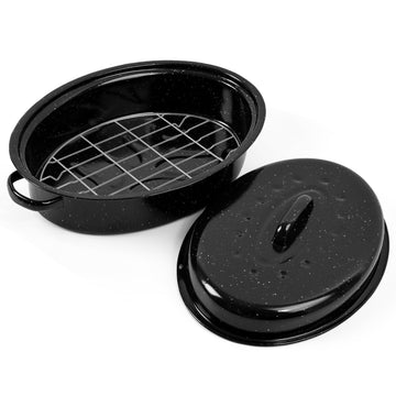 16 Inch Roasting Pan with Lid and Rack, Enamel Carbon Steel Roaster Pan, High Temperature Resistance and Dishwasher