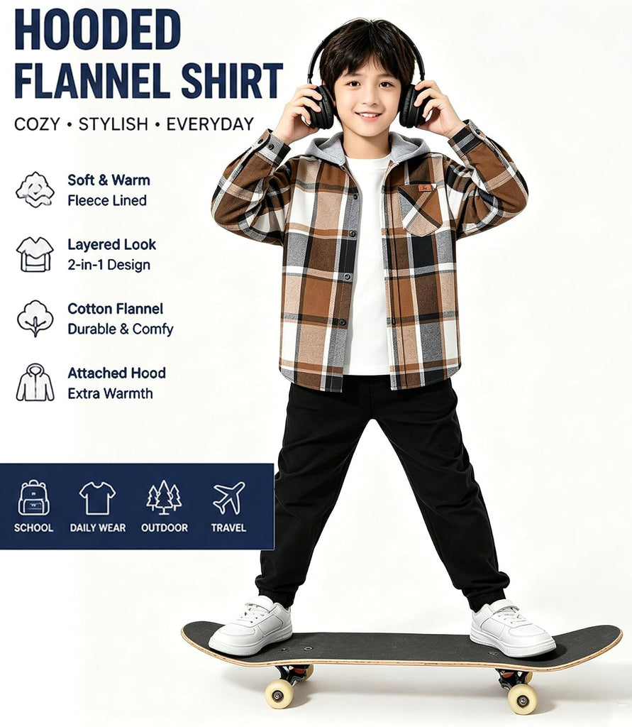 Boys Flannel Shirts Kids Plaid Hoodie
