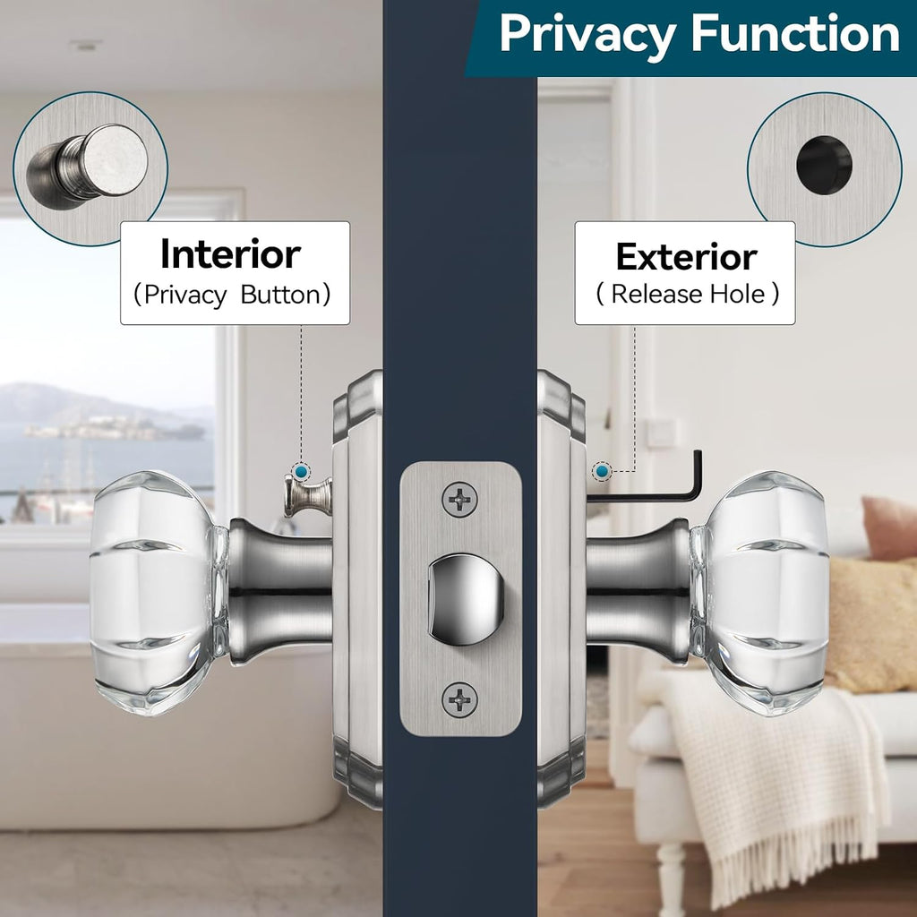 Nickel Crystal Door Knob Interior, Privacy Glass Door Knob, 1Pack