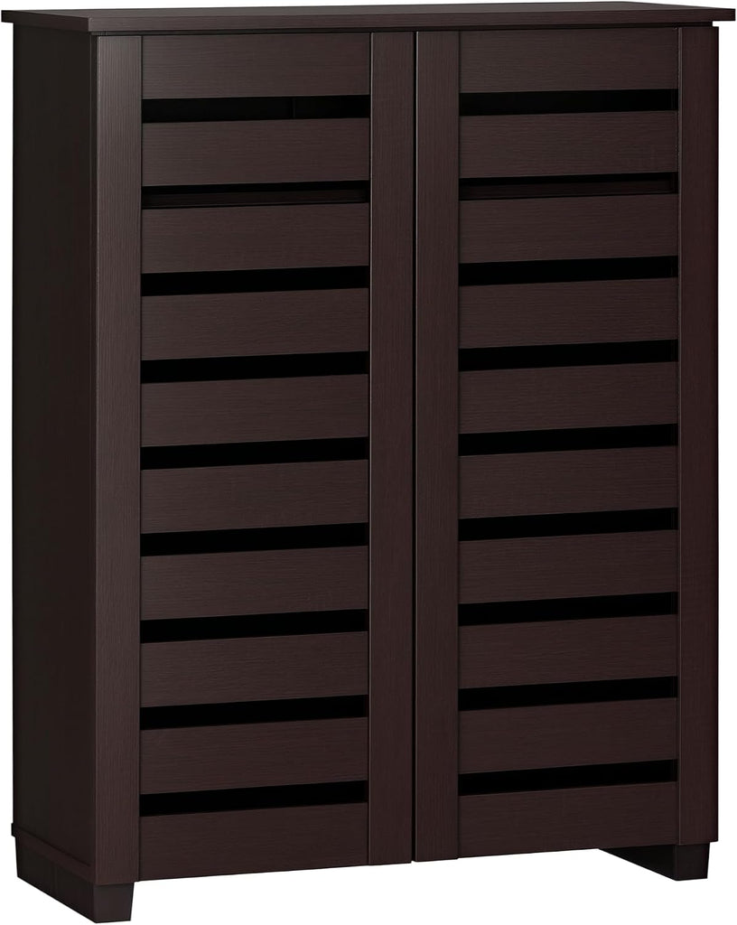 Slim Shoe Cabinet 2 Slatted Doors, 5-Tier Shelving Cupboard for 15 Pairs of Shoes, Narrow Entryway Storage Unit, Dark