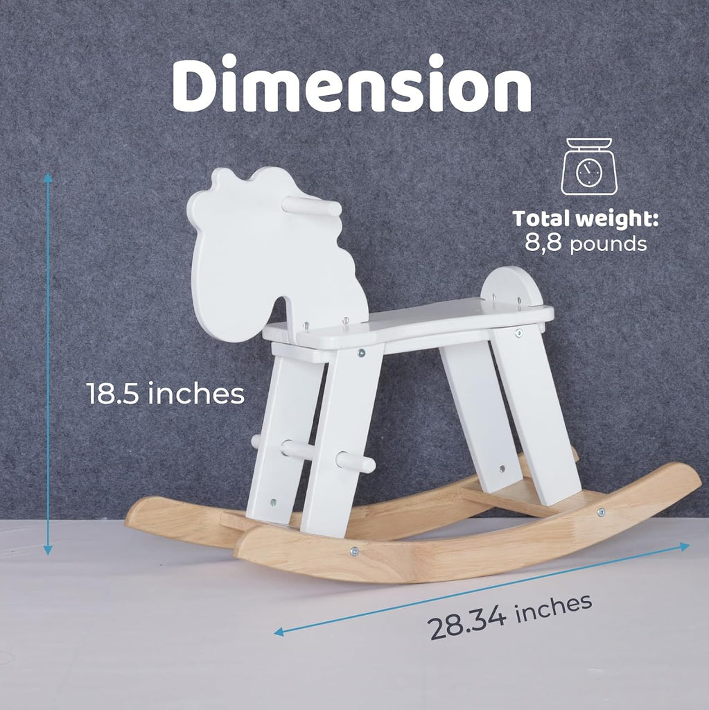 White Wooden Rocking Horse for Preschool (Ages 3-6) - Solid Rubber Wood, Safe & Comfortable Footrest, Supports