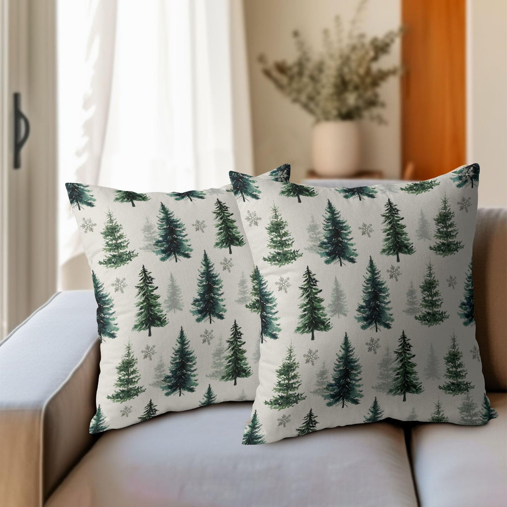 Green Christmas Tree Throw Pillow Covers 16X16 Inches Set of 2 Winter Snowflake White Pillowcase Soft Cotton Linen
