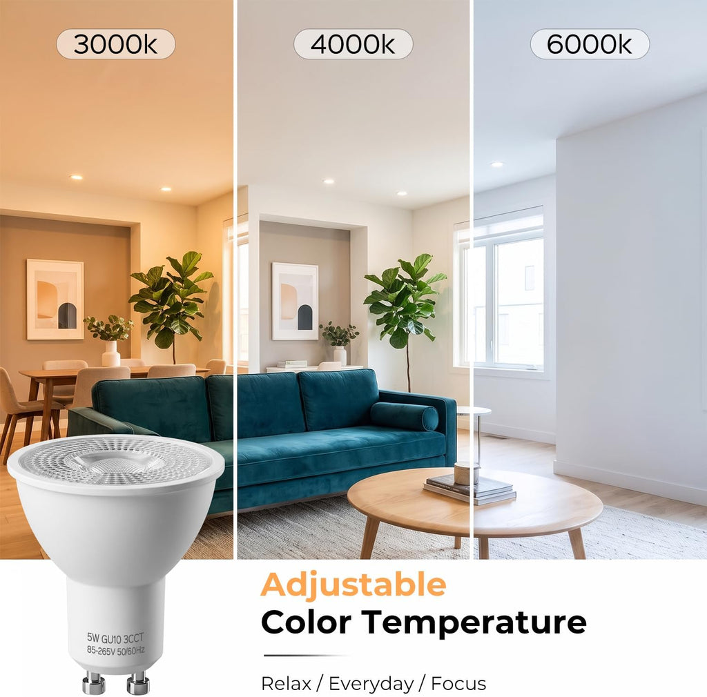 6 Pack GU10 LED Light Bulbs 5W, 3000K/4000K/6000K LED Light Bulb
