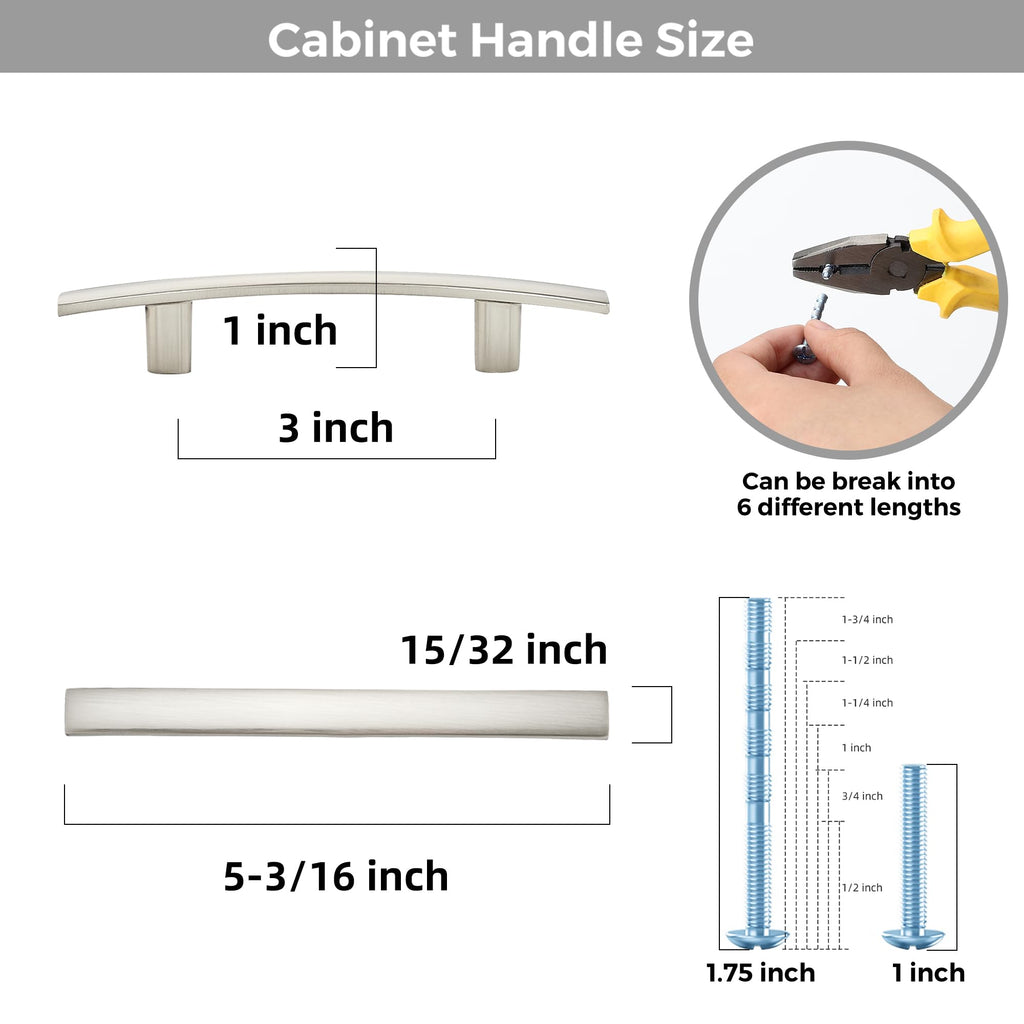 30 Pack Brushed Nickel Cabinet Handles, 3" Hole Center Curved Pulls