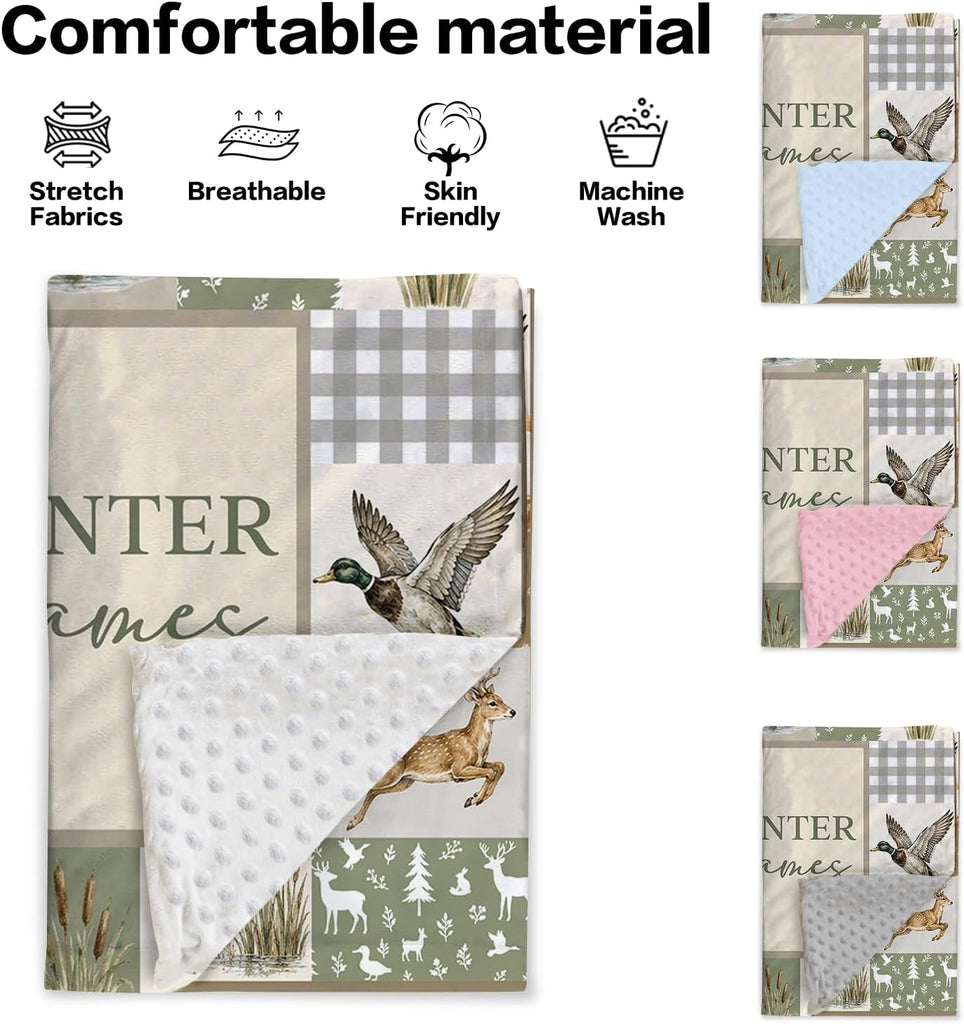 Boy Blanket with Name, Custom Minky Dot Baby Blankets with Hunting Theme, Soft Plush Crib Blanket Decor