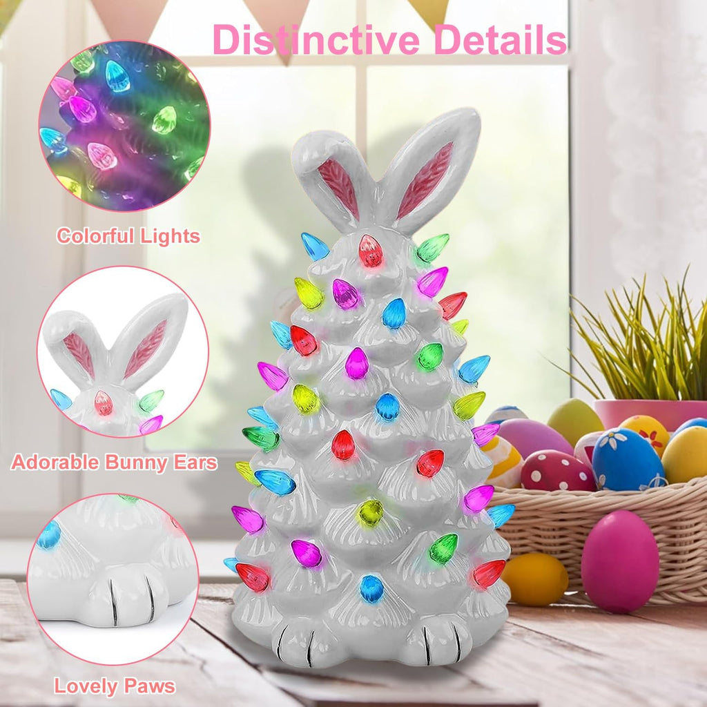 Lighted Easter Bunny Decorations, Ceramic Bunny Tree Figurine Night Lights, 10" Easter Gifts Cute Ornaments Table