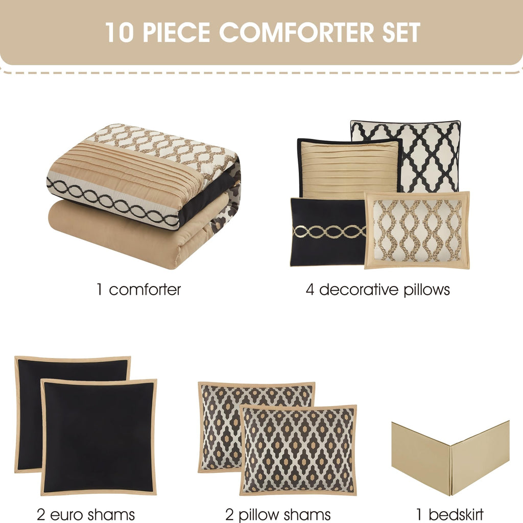 Black Gold Comforter Set, 10 Piece, Jacquard Bedding Comforters & Sets, Matching Bedskirt, Pillows & Shams