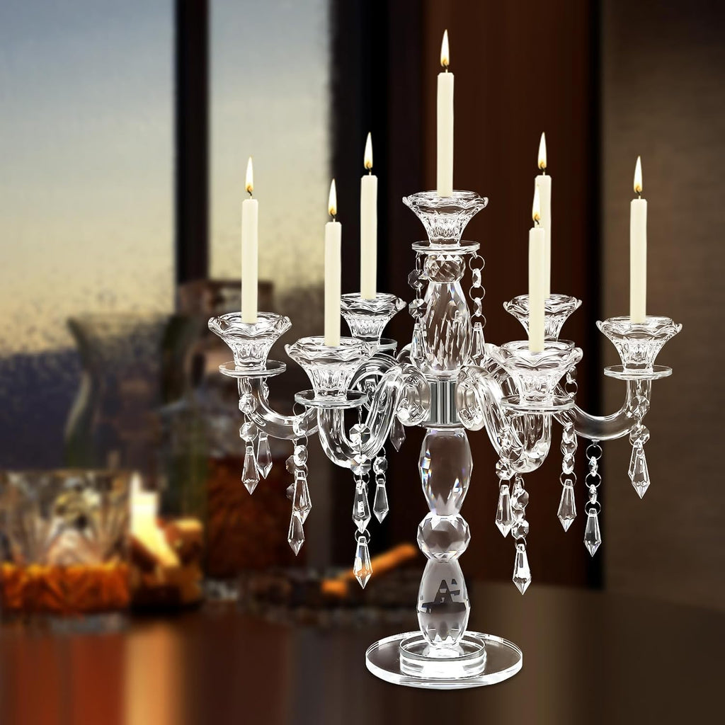 Crystal Candle Holder, Crystall Candelabra, 7 Arm Modern Clear Candle Holder Centerpiece, Crystal Tapered Candlestick