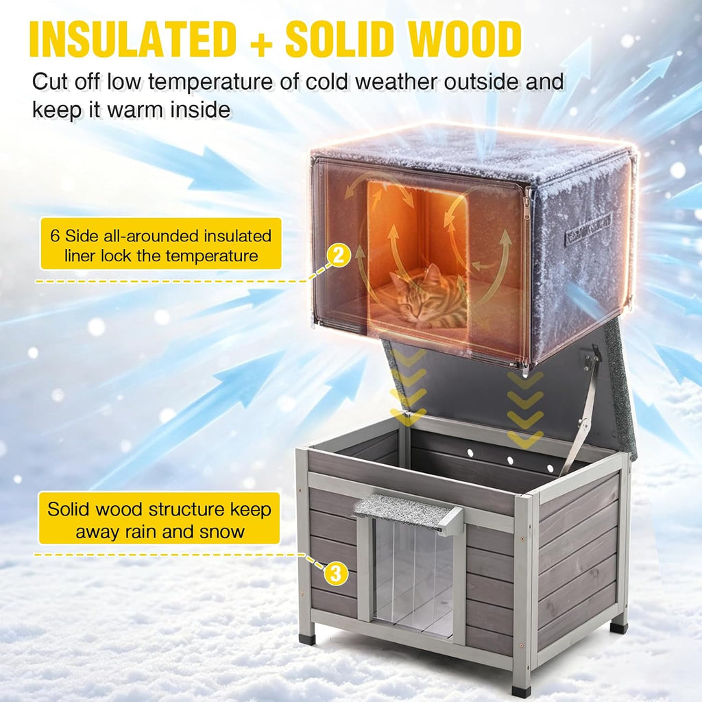 Cat House Outdoor Dog House with Insulation Liner Rabbit Hutch Feral Kitty Shelter for Outdoor Cats Cat Shelter