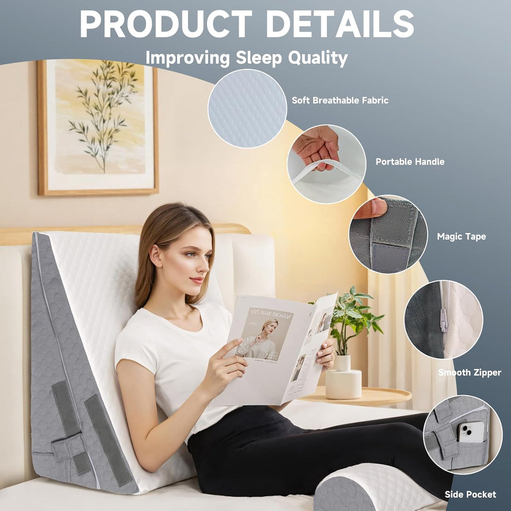 Bed Wedge Pillow for Sleeping, 3 Pcs Adjustable Height 4.5&7.5&12 Inch Triangle Pillow Wedge for Post Surgery, Acid