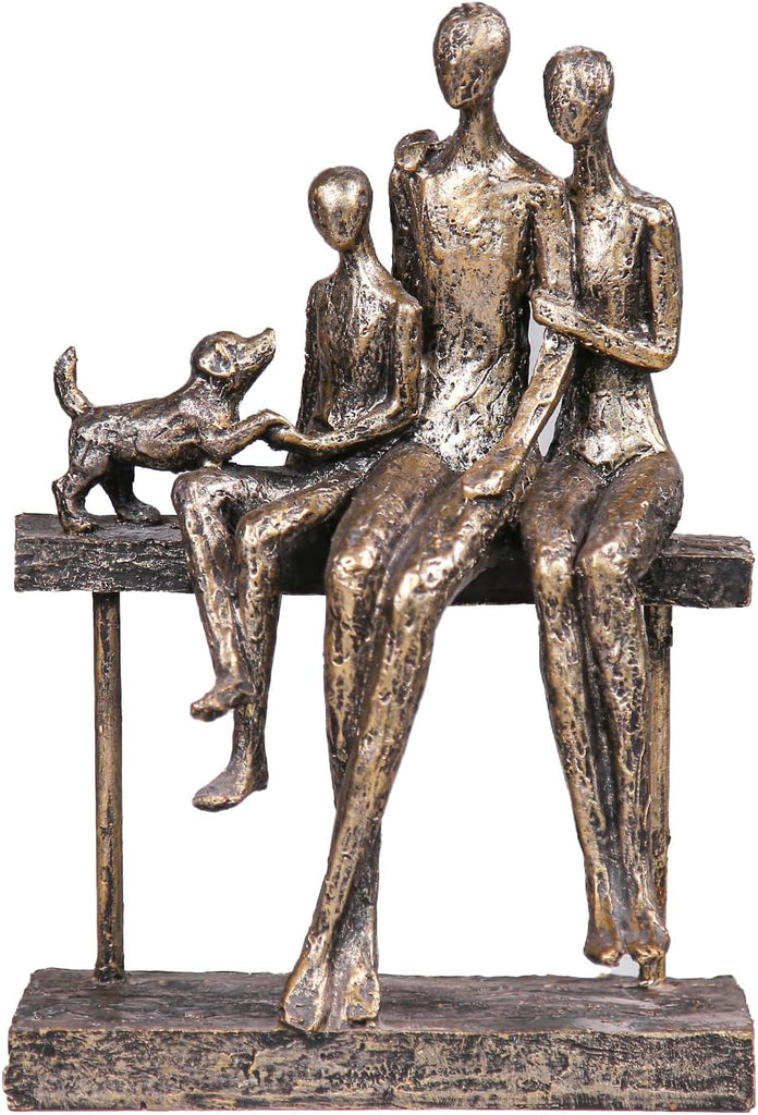 Resin Family Decorative Statue - 3-Person with Pet Dog on Bench, Warm Home Decoration or Desk, Tall 9.84in