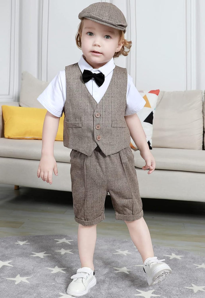 5pcs Toddler Baby Boys Suit Set -, Gentleman Suit Shirt & Shorts & Vest & Hat & Bow Tie