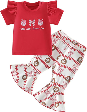 Toddler Baby Girl Baseball Outfits Short Flutter Sleeves T-Shirt Pullover Tops Stripes Bows Flared Pants 2Pcs Clothes