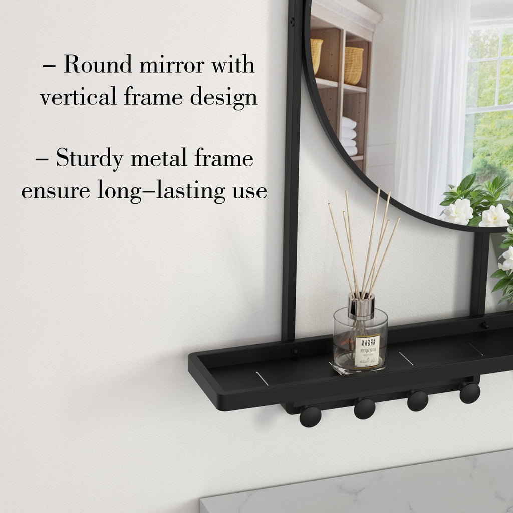 21" Round Black Metal Wall Mirror with Shelf and Hooks, Decorative