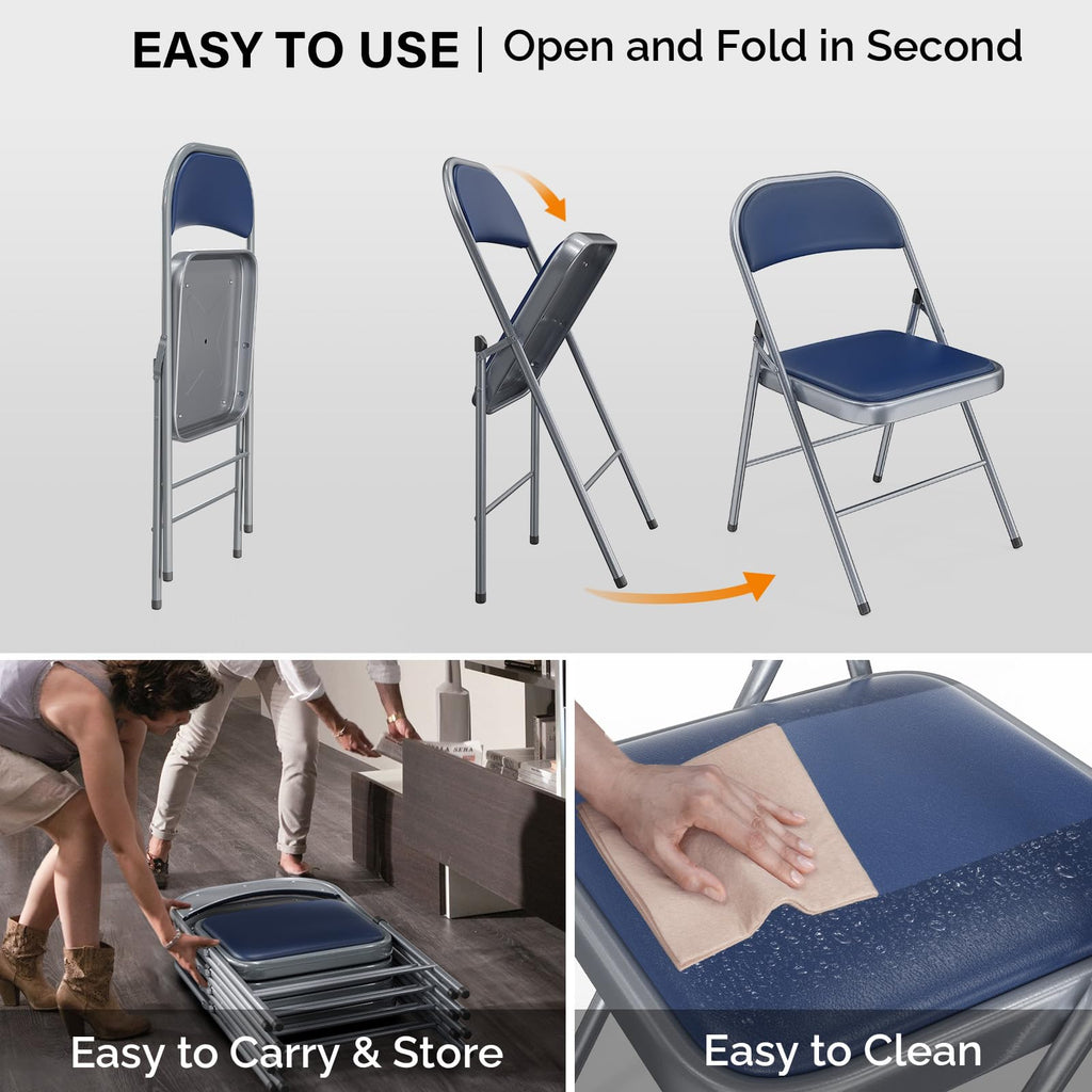 2 Pack Folding Chairs with Padded Seats, Metal Frame with Pu Leather Seat & Back, Capacity 350 lbs, Set of 2, Blue
