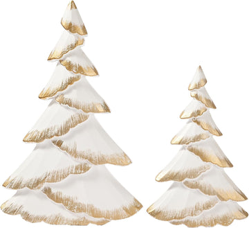 Christmas Tree Figurines Wood, 2PCS White & Gold Tabletop Trees