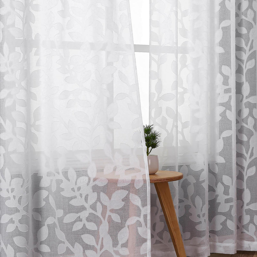 White Sheer Curtains 96 inches Long 2 Panels, Jacquard Clip Leaf Pattern Textured Light Filtering Window Semi Sheer