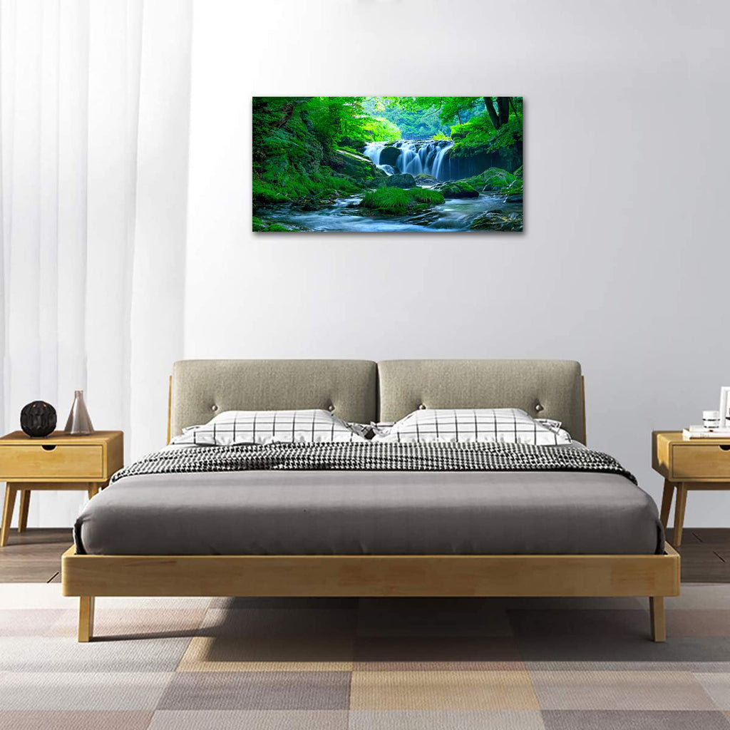 Green Forest Canvas Wall Art Waterfall Pictures Wall Decor Green Nature Landscape Canvas Painting Calming Nature