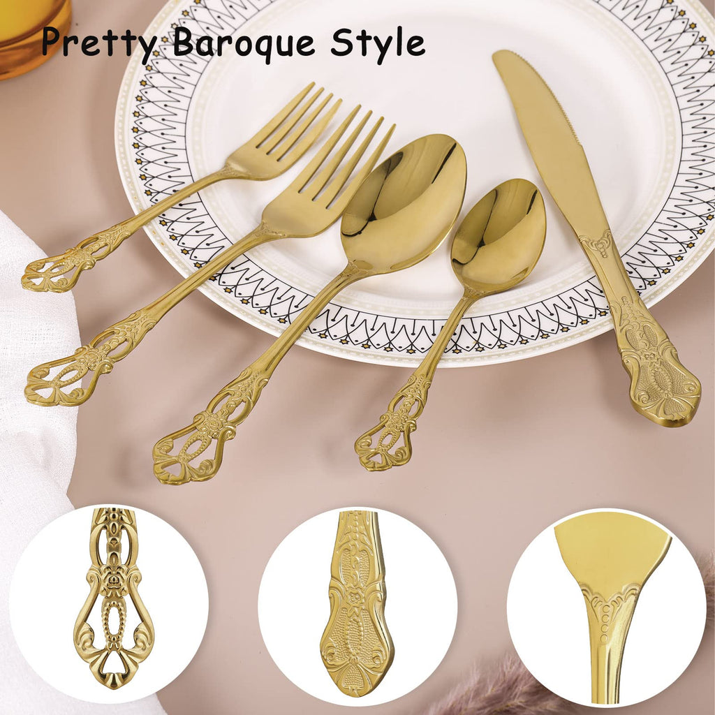 20 Piece Gorgeous Retro Royal Gold Silverware Set for 4, Premium Stainless Steel Flatware Set with gift box, Mirror