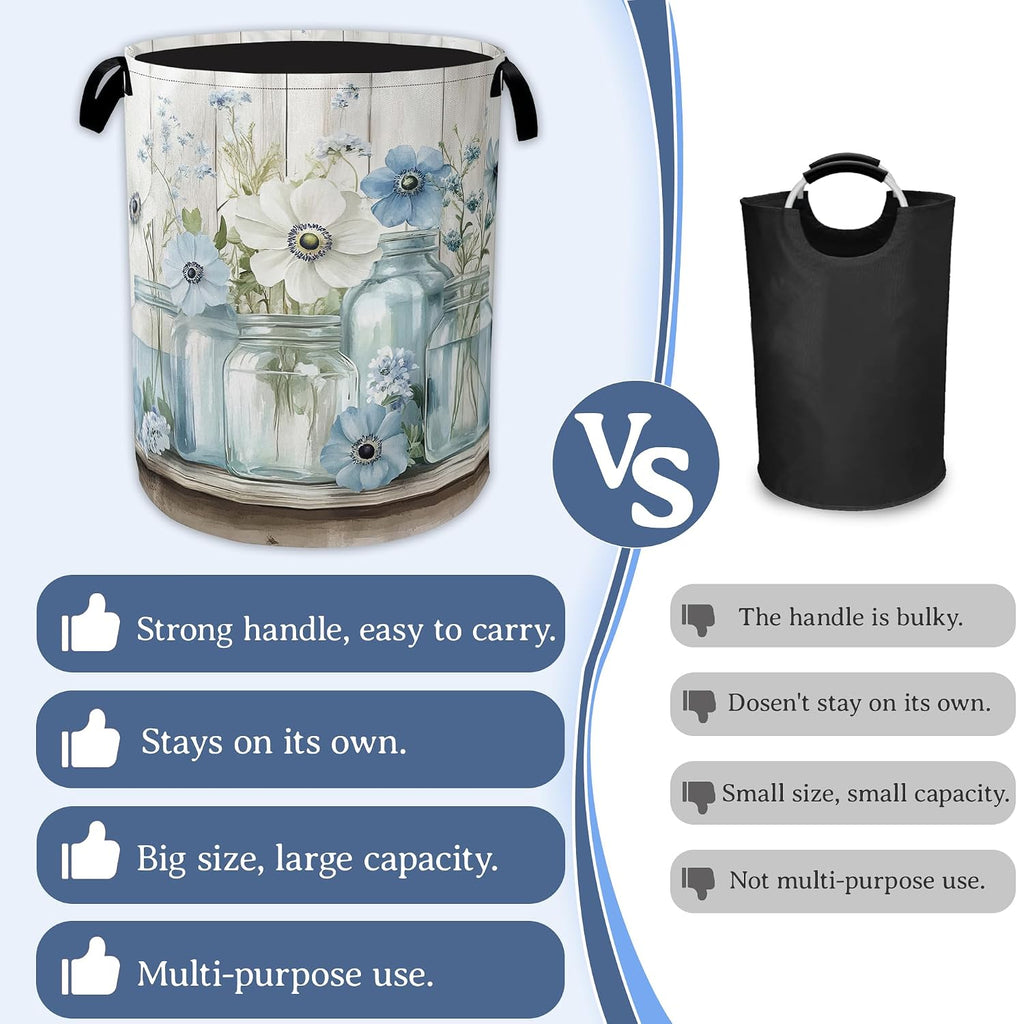 Flowers Laundry Basket,Foldable Oxford Cloth Vintage Wooden Board Laundry Hamper with Handles, 20.8"x16" Tote Bag