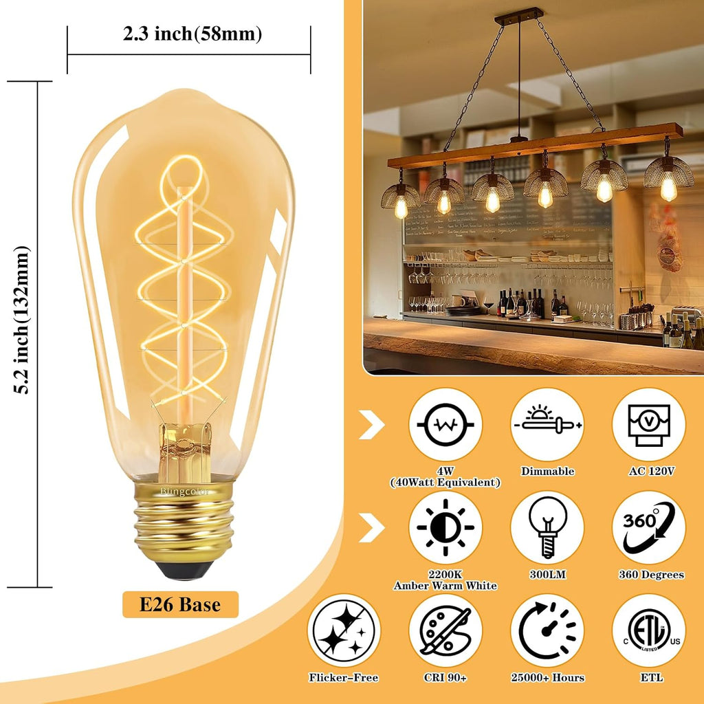 E26 LED Vintage Edison Light Bulbs 40 Watt, 2 Pack ST58 Pendant Light Bulbs