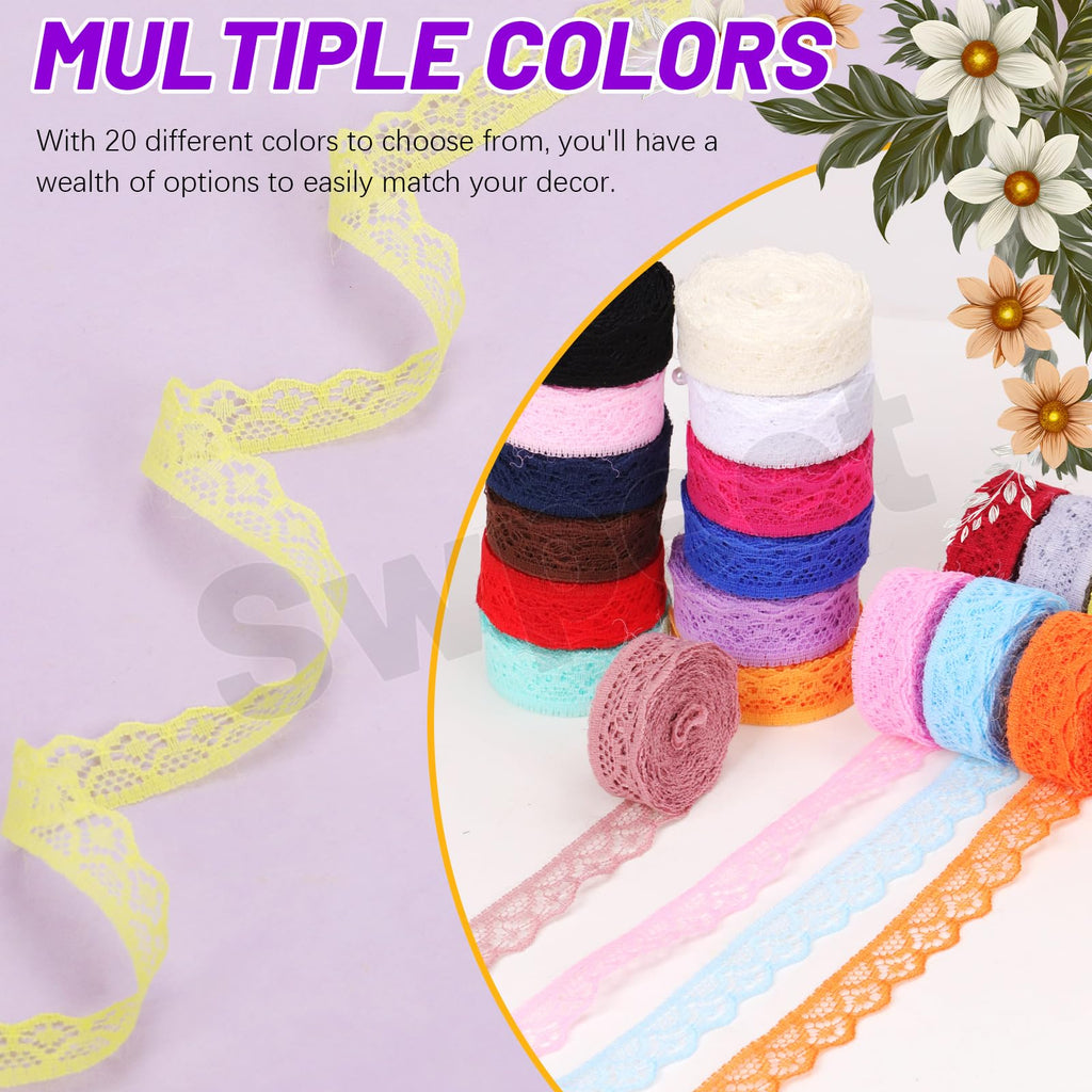 20 Rolls in Total 200 Yards 1.5cm×10 Yards Colorful Lace Ribbon Floral Pattern Fabric Lace Ribbon, Vintage Lacing