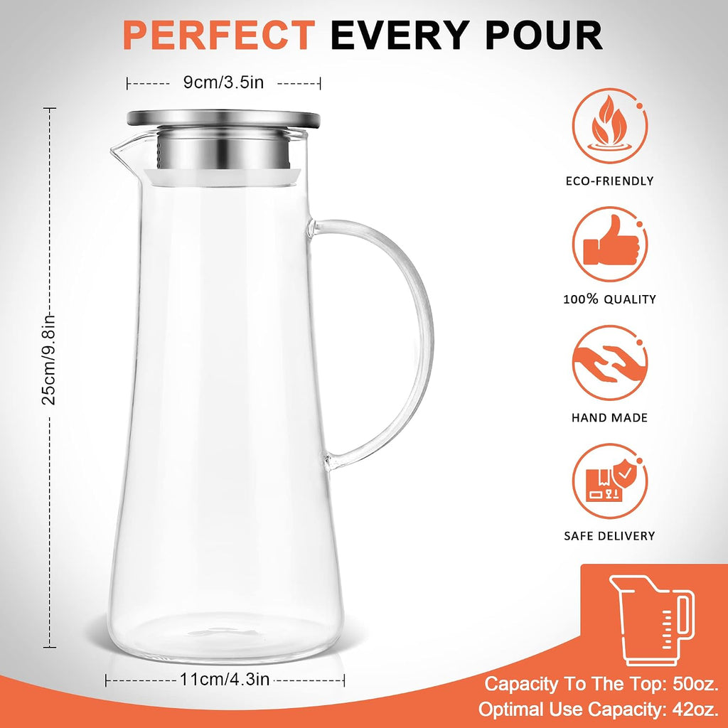 1.5 Liter 51oz Glass Pitcher with Lid, Easy Clean Heat Resistant Glass Water Carafe with Handle for Hot/Cold