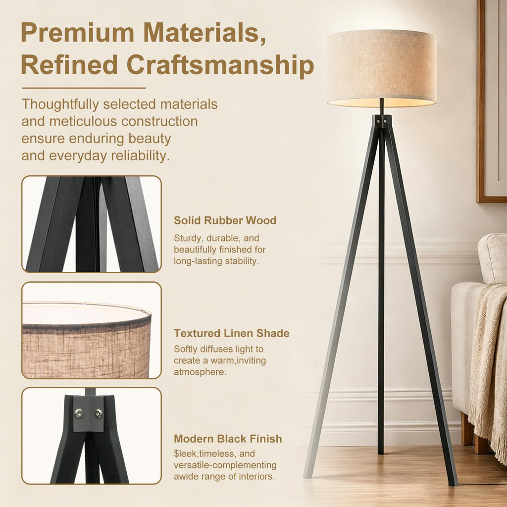 Wood Tripod Floor Lamp - Mid Century Standing Lamp with LED Dimmable
